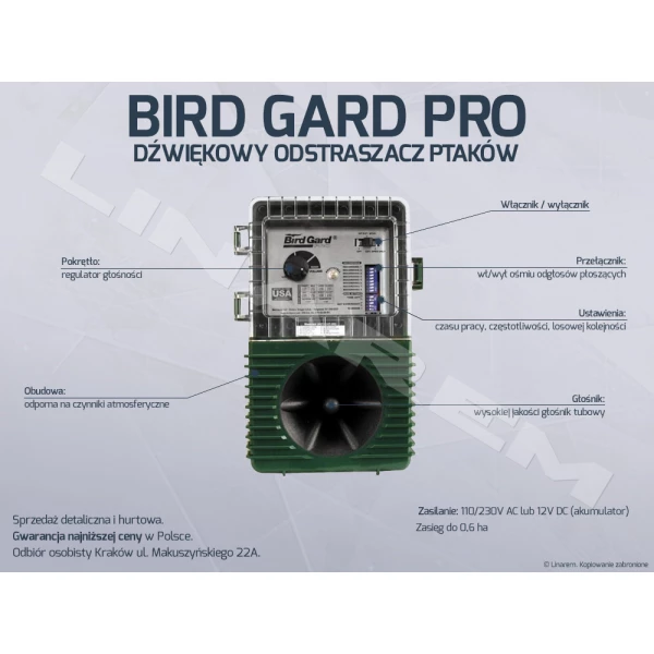 Profesjonalny odstraszacz kosów. Dźwiękowe odstraszanie kosów. Bird Gard Pro. 