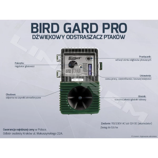 Dźwiękowy odstraszacz ptaków Bird Gard Pro. Odstraszacz szpaków.