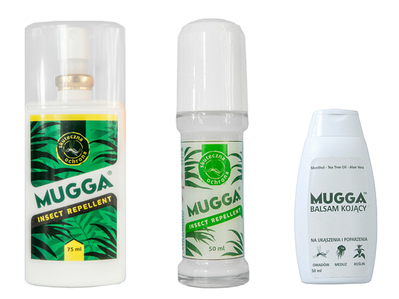 MUGGA ZESTAW max: spray + roll on + balsam łagodzący. 100% oryginalne preparaty na komary!