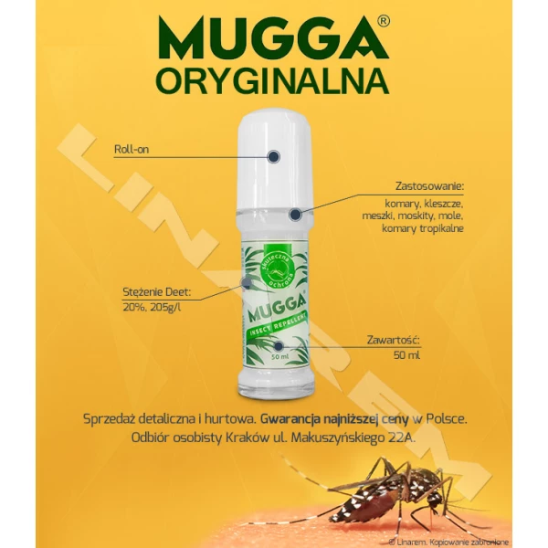 Mugga Roll-On DEET 20%. Pojemność 50ml. Sposób na komary.